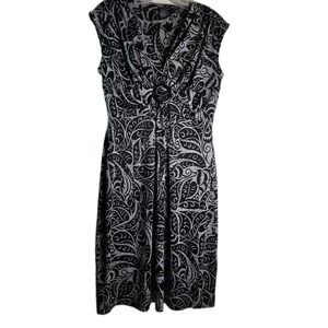 Glamour Womens Faux Wrap Dress Size 10 Black Gray Belted Swirls 140